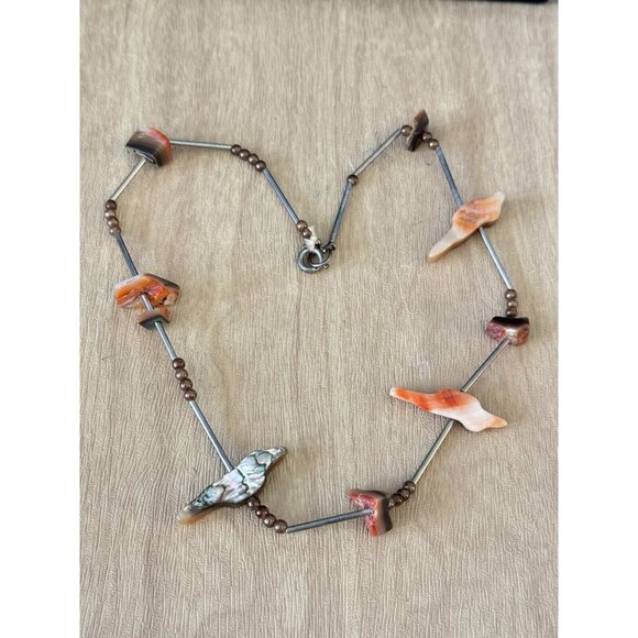 Vintage Southwestern Abalone Shell Bird Fetish Necklace With Brown Beads & Barre - Picture 2 of 6